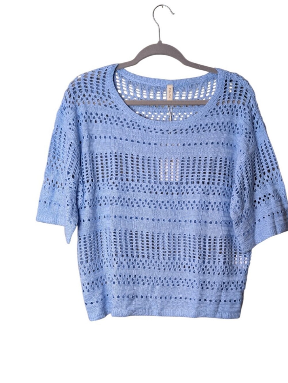 Evaless Blue Crochet Knit Top Short Sleeve Pointelle Open Weave Boxy Sweater M
